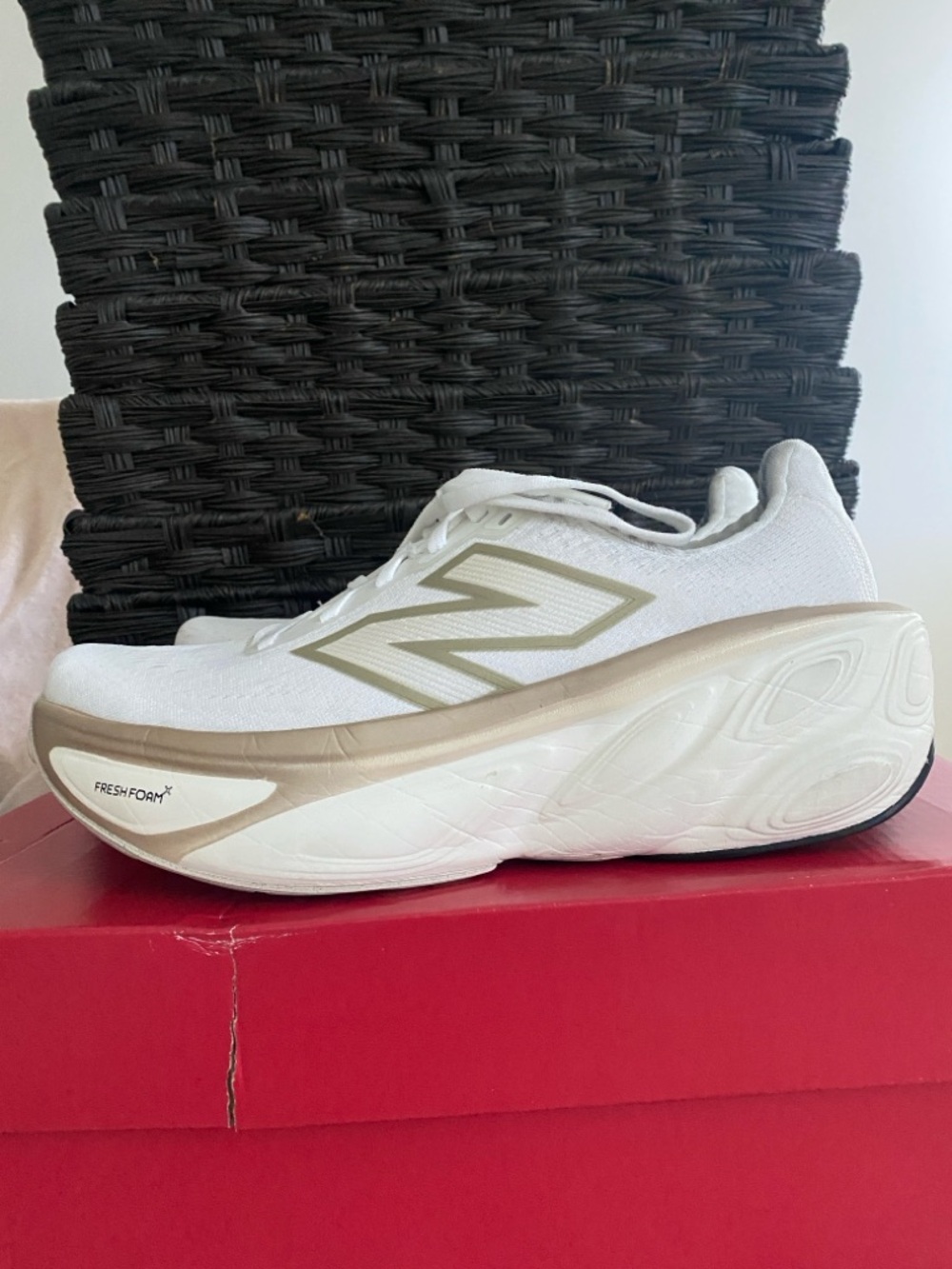 New Balance Fresh Foam x More v5 White and Gold Athletic Shoes